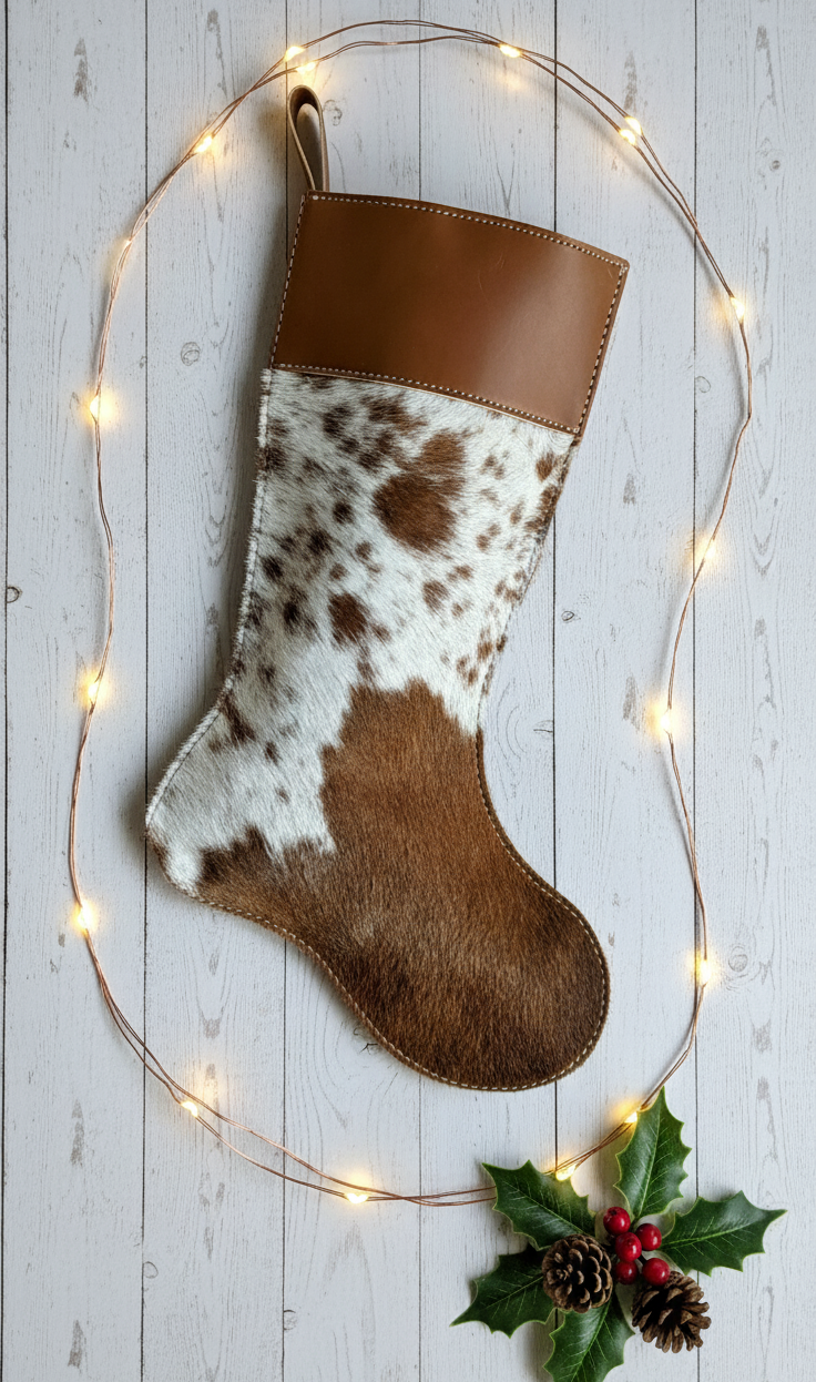 Personalized Leather Cowhide Christmas Stocking, Engraved - Rustic Western Holiday Home Decor