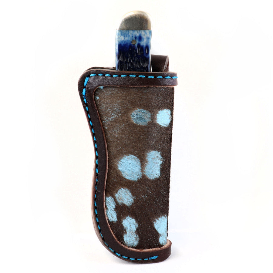 Knife Sheath with Hair-on Calfskin and Metallic Blue highlights